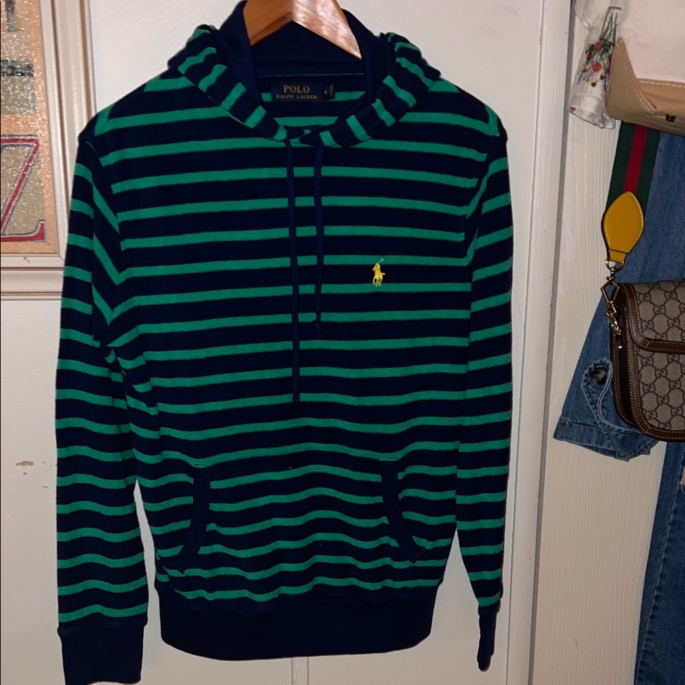 Polo by Ralph Lauren Men's Navy and Green Striped Hoodie.